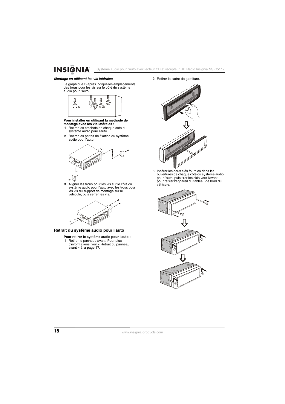 Retrait du système audio pour l'auto | Insignia INSIGNA NS-C5112 User Manual | Page 20 / 44