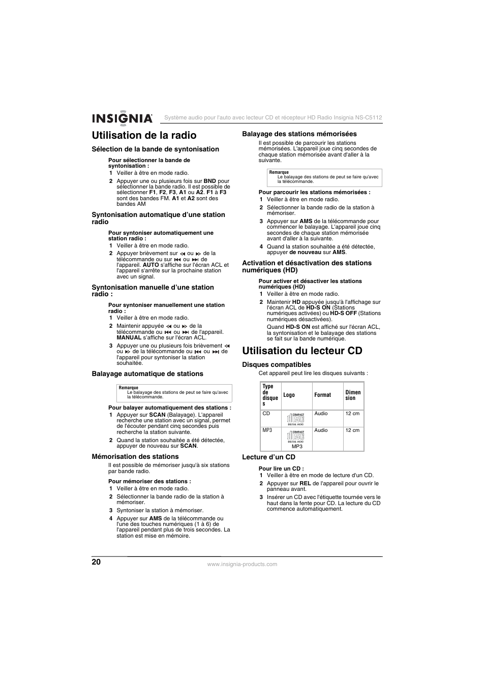 Utilisation de la radio, Sélection de la bande de syntonisation, Syntonisation automatique d’une station radio | Syntonisation manuelle d’une station radio, Balayage automatique de stations, Mémorisation des stations, Balayage des stations mémorisées, Utilisation du lecteur cd, Disques compatibles, Lecture d’un cd | Insignia INSIGNA NS-C5112 User Manual | Page 22 / 44