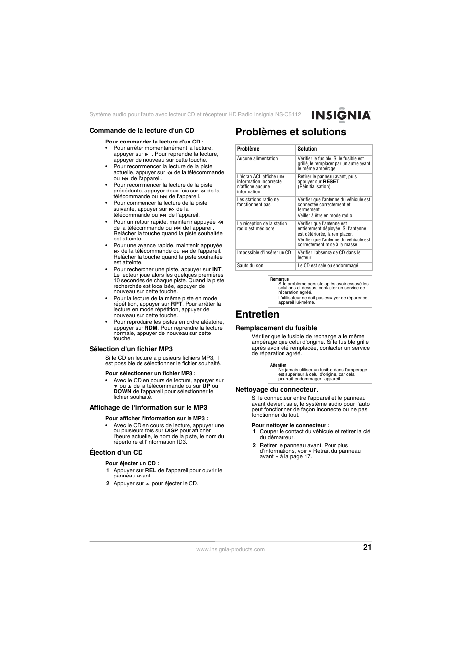 Commande de la lecture d'un cd, Sélection d'un fichier mp3, Affichage de l'information sur le mp3 | Éjection d'un cd, Problèmes et solutions, Entretien, Remplacement du fusible, Nettoyage du connecteur, Problèmes et solutions entretien | Insignia INSIGNA NS-C5112 User Manual | Page 23 / 44