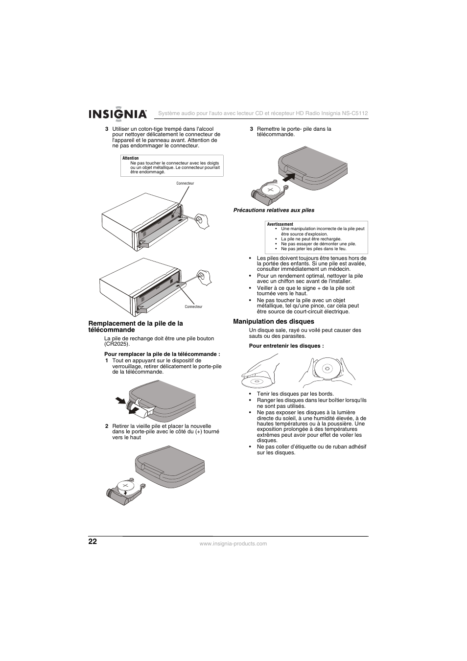 Remplacement de la pile de la télécommande, Manipulation des disques | Insignia INSIGNA NS-C5112 User Manual | Page 24 / 44