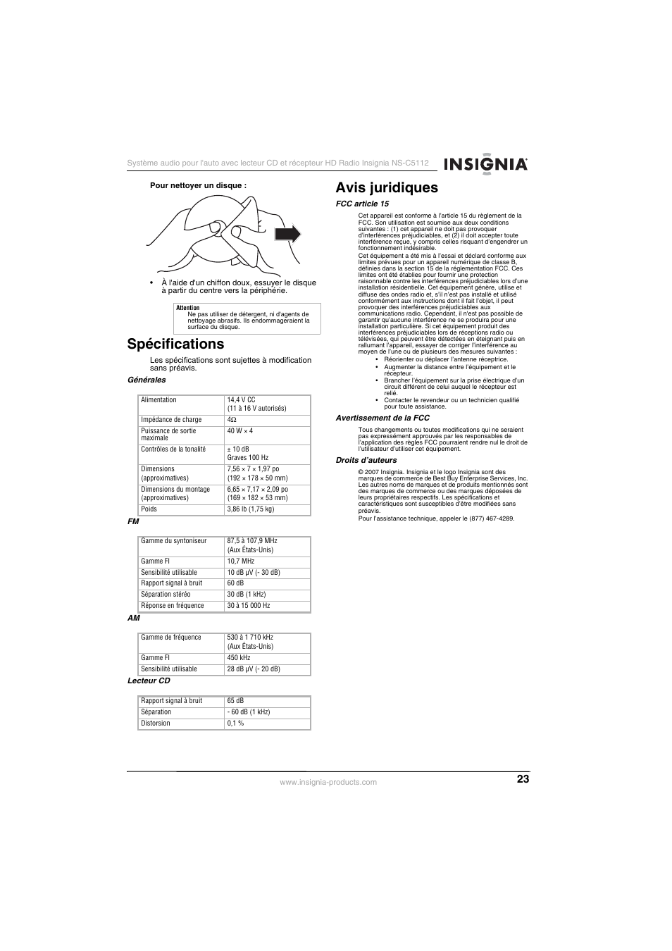 Spécifications, Avis juridiques, Spécifications avis juridiques | Insignia INSIGNA NS-C5112 User Manual | Page 25 / 44