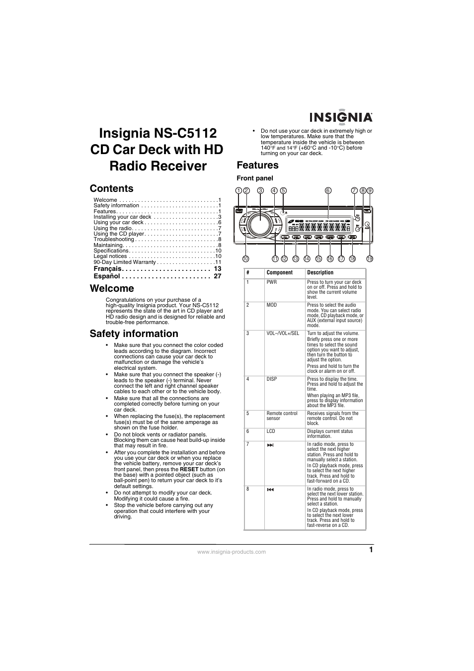 Insignia INSIGNA NS-C5112 User Manual | Page 3 / 44