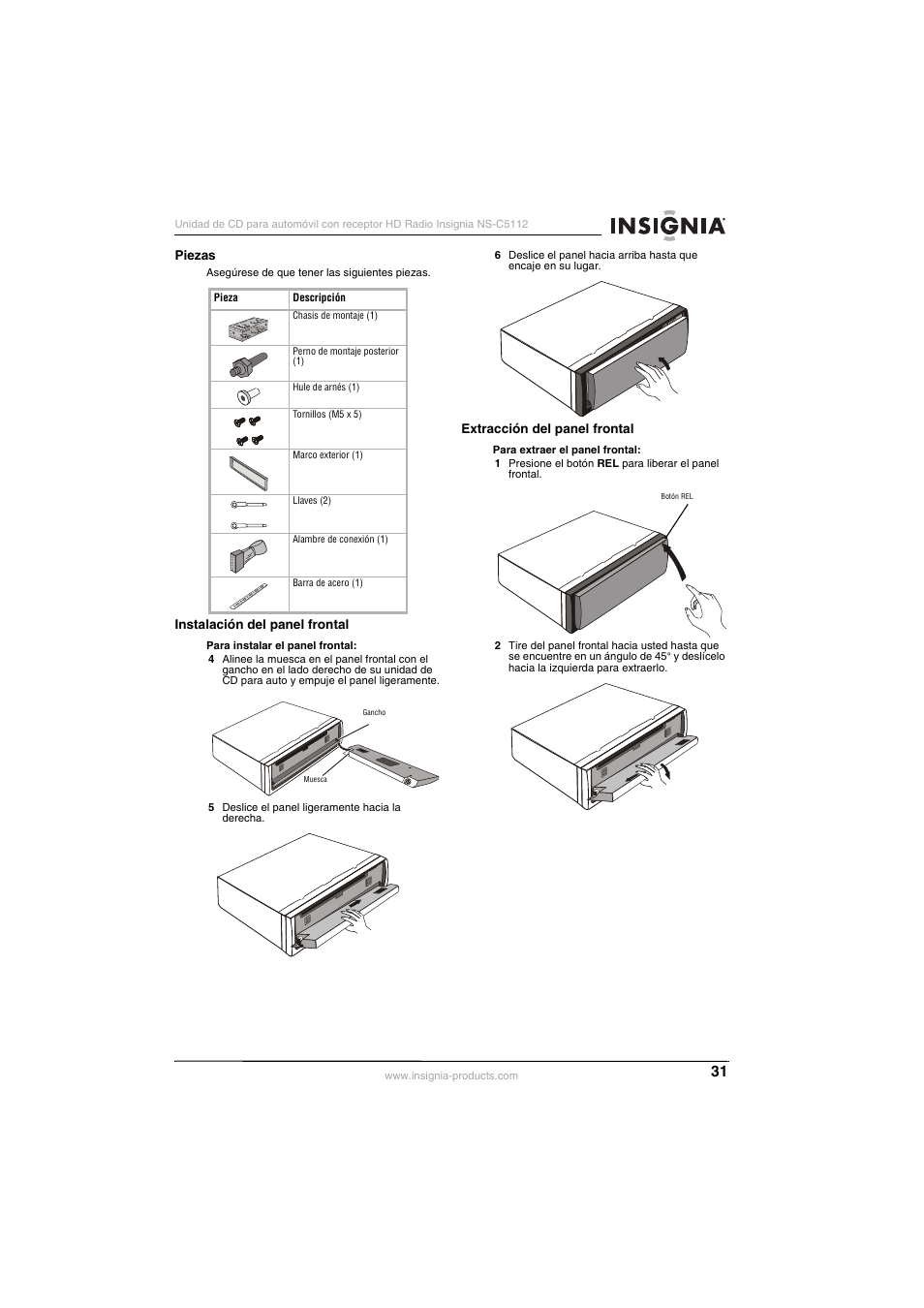 Piezas, Instalación del panel frontal, Extracción del panel frontal | Insignia INSIGNA NS-C5112 User Manual | Page 33 / 44