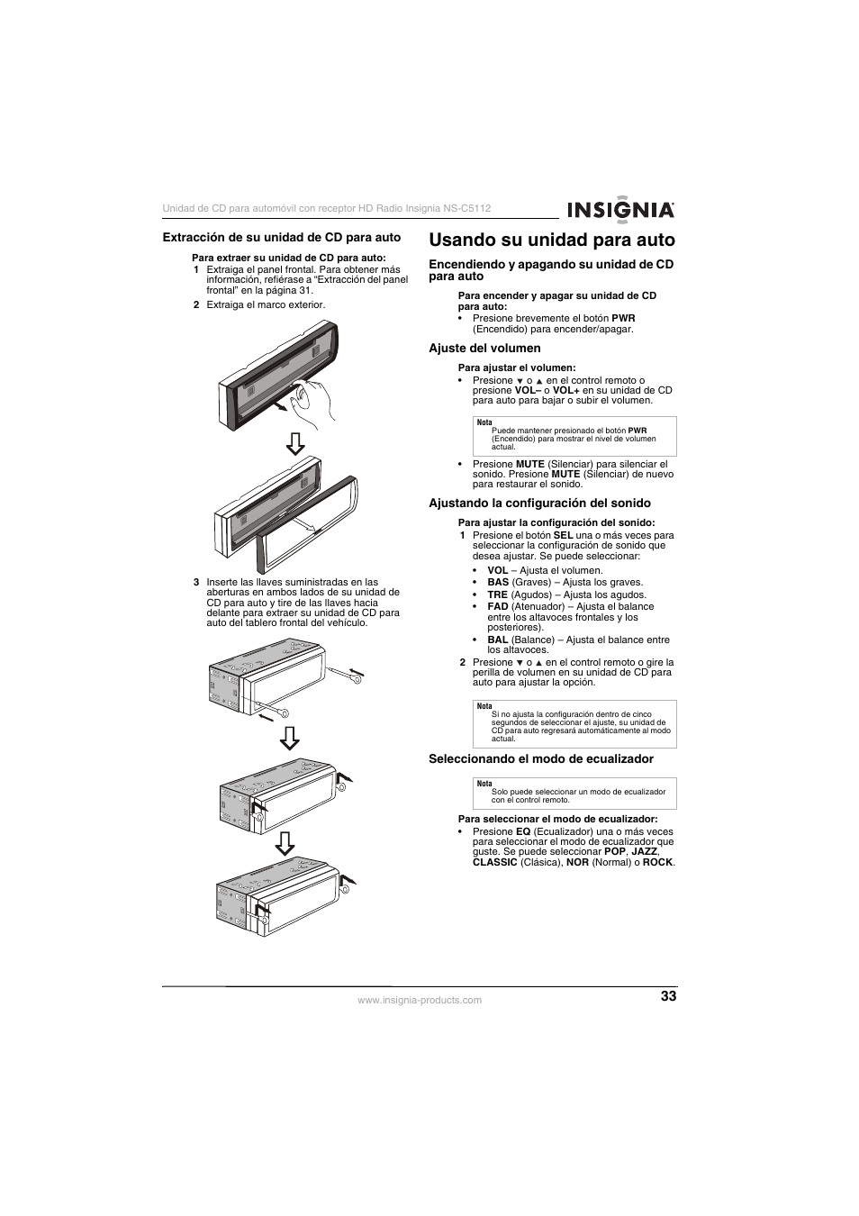 Extracción de su unidad de cd para auto, Usando su unidad para auto, Encendiendo y apagando su unidad de cd para auto | Ajuste del volumen, Ajustando la configuración del sonido, Seleccionando el modo de ecualizador | Insignia INSIGNA NS-C5112 User Manual | Page 35 / 44