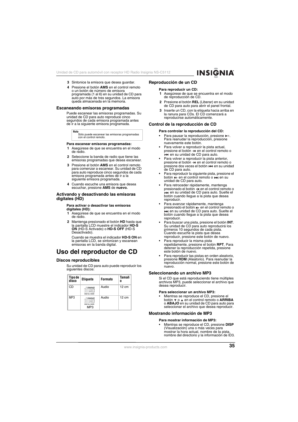 Escaneando emisoras programadas, Uso del reproductor de cd, Discos reproducibles | Reproducción de un cd, Control de la reproducción de cd, Seleccionando un archivo mp3, Mostrando información de mp3 | Insignia INSIGNA NS-C5112 User Manual | Page 37 / 44