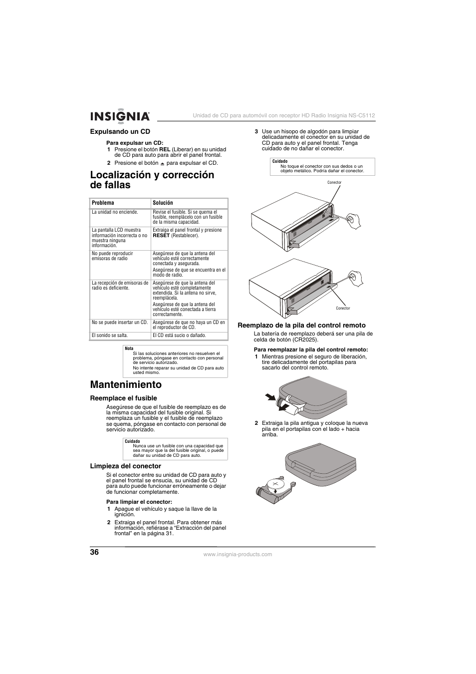 Expulsando un cd, Localización y corrección de fallas, Mantenimiento | Reemplace el fusible, Limpieza del conector, Reemplazo de la pila del control remoto, Localización y corrección de fallas mantenimiento | Insignia INSIGNA NS-C5112 User Manual | Page 38 / 44