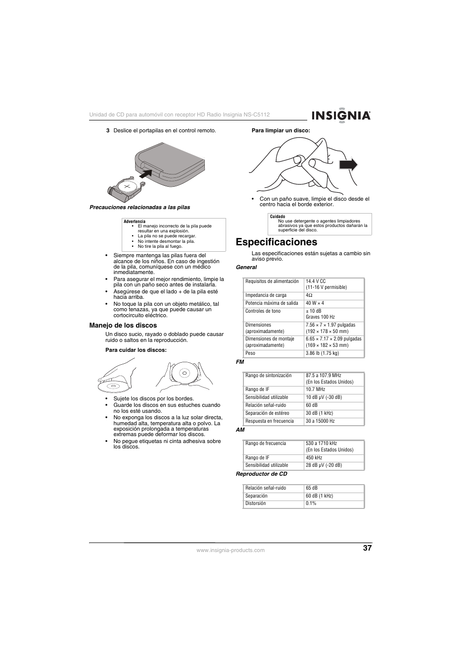 Manejo de los discos, Especificaciones | Insignia INSIGNA NS-C5112 User Manual | Page 39 / 44