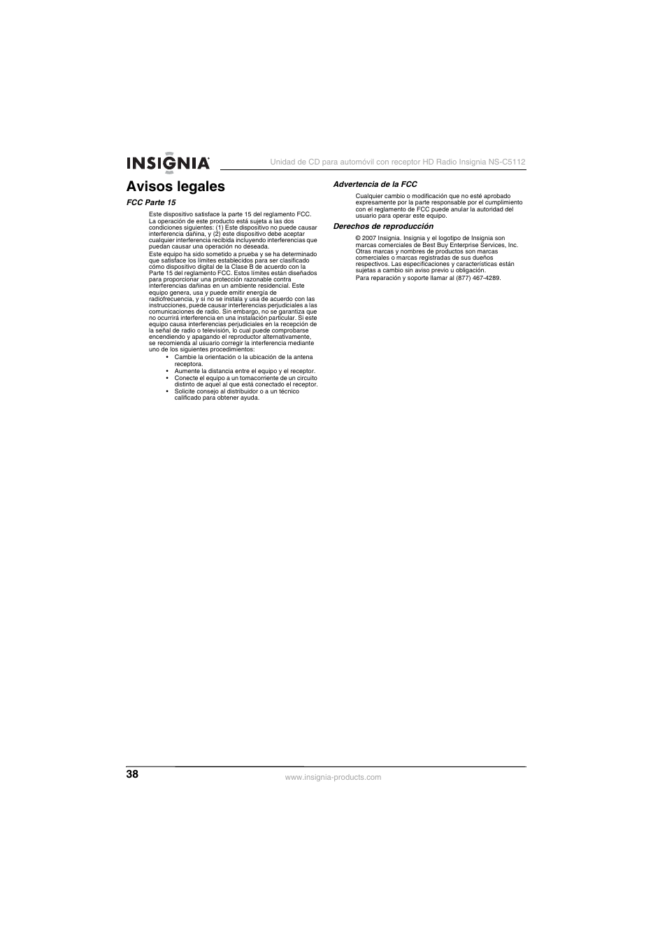 Avisos legales | Insignia INSIGNA NS-C5112 User Manual | Page 40 / 44