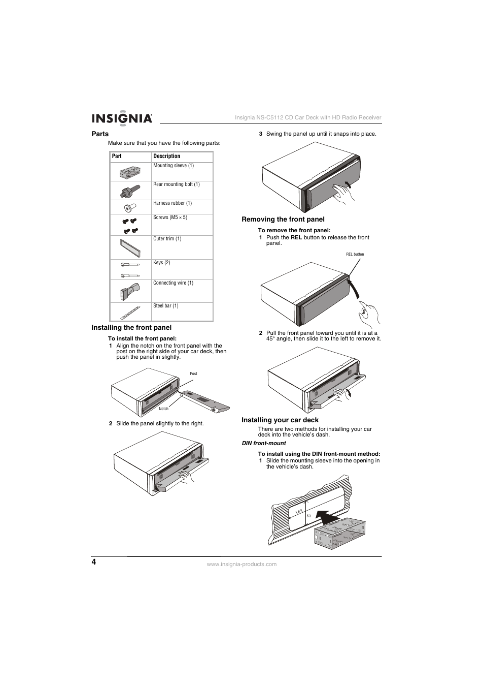 Parts, Installing the front panel, Removing the front panel | Installing your car deck | Insignia INSIGNA NS-C5112 User Manual | Page 6 / 44