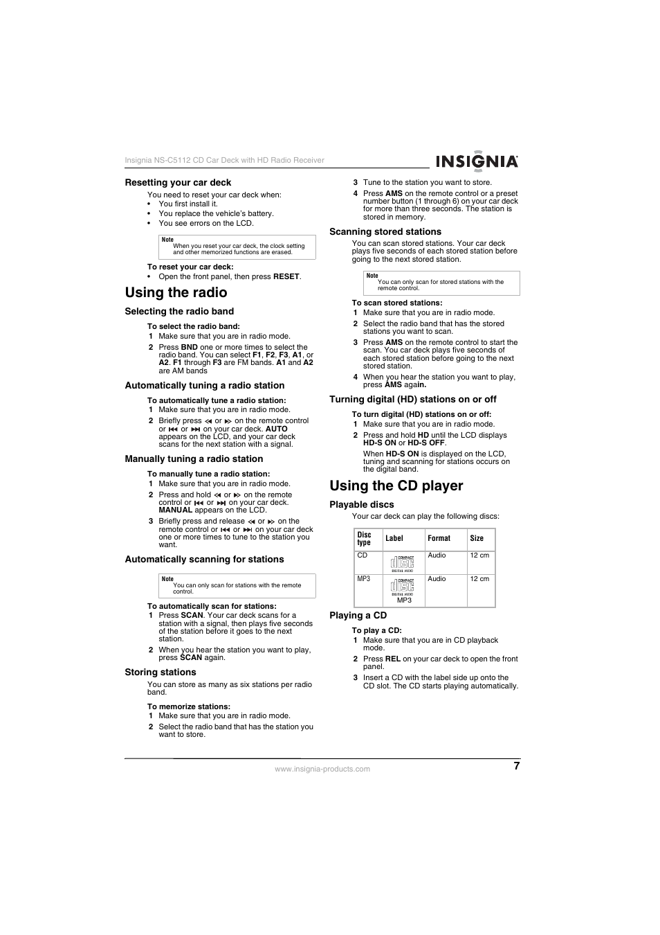 Resetting your car deck, Using the radio, Selecting the radio band | Automatically tuning a radio station, Manually tuning a radio station, Automatically scanning for stations, Storing stations, Scanning stored stations, Turning digital (hd) stations on or off, Using the cd player | Insignia INSIGNA NS-C5112 User Manual | Page 9 / 44