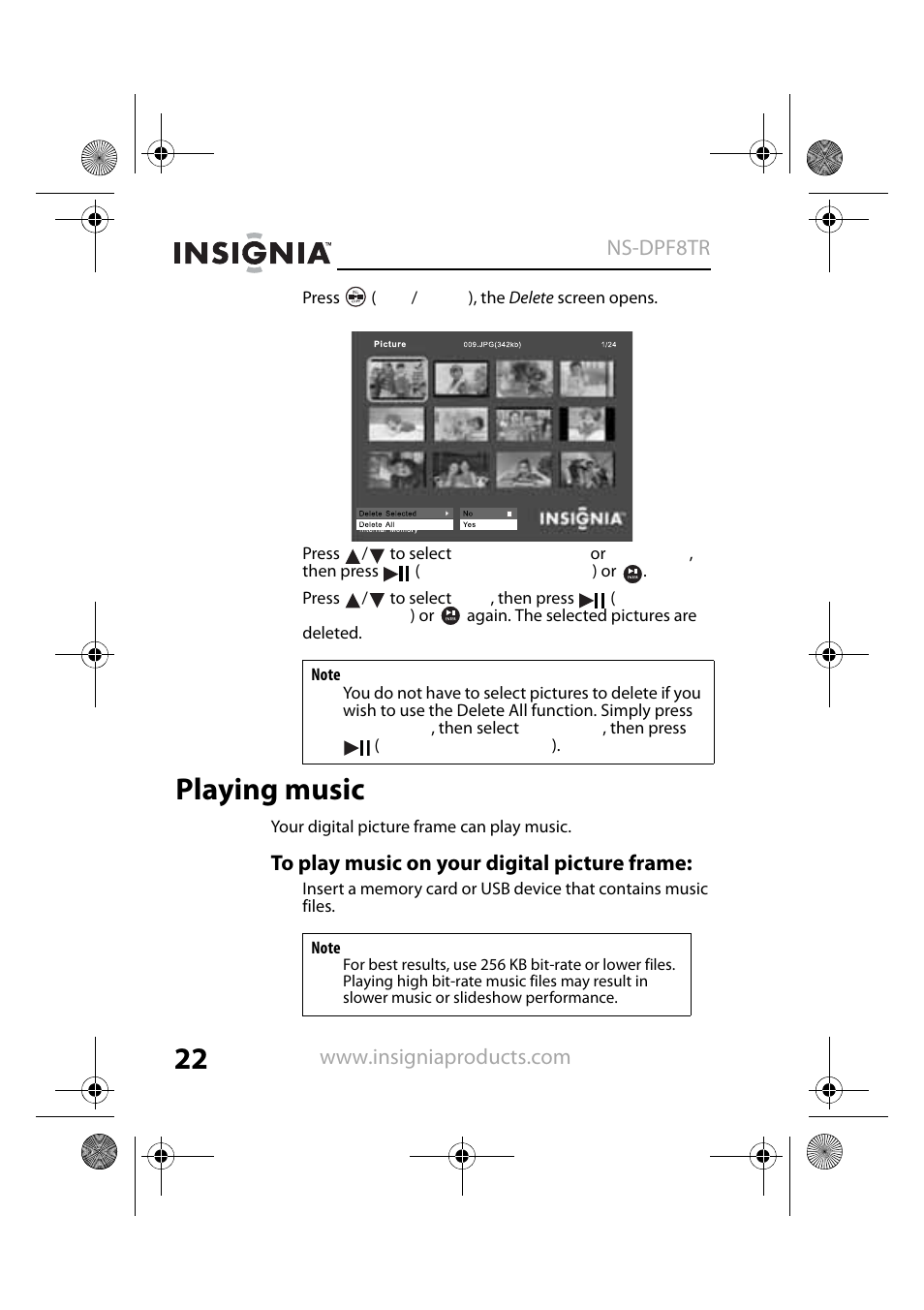 Playing music | Insignia NS-DPF8TR User Manual | Page 22 / 52