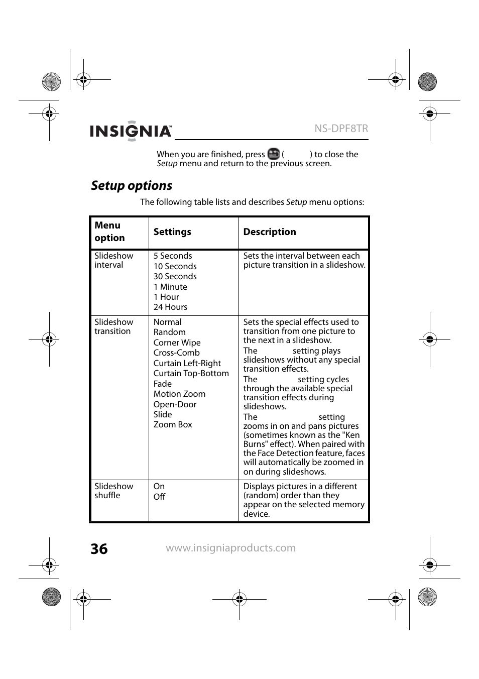 Setup options | Insignia NS-DPF8TR User Manual | Page 36 / 52