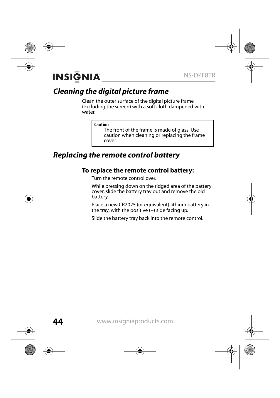 Cleaning the digital picture frame, Replacing the remote control battery | Insignia NS-DPF8TR User Manual | Page 44 / 52