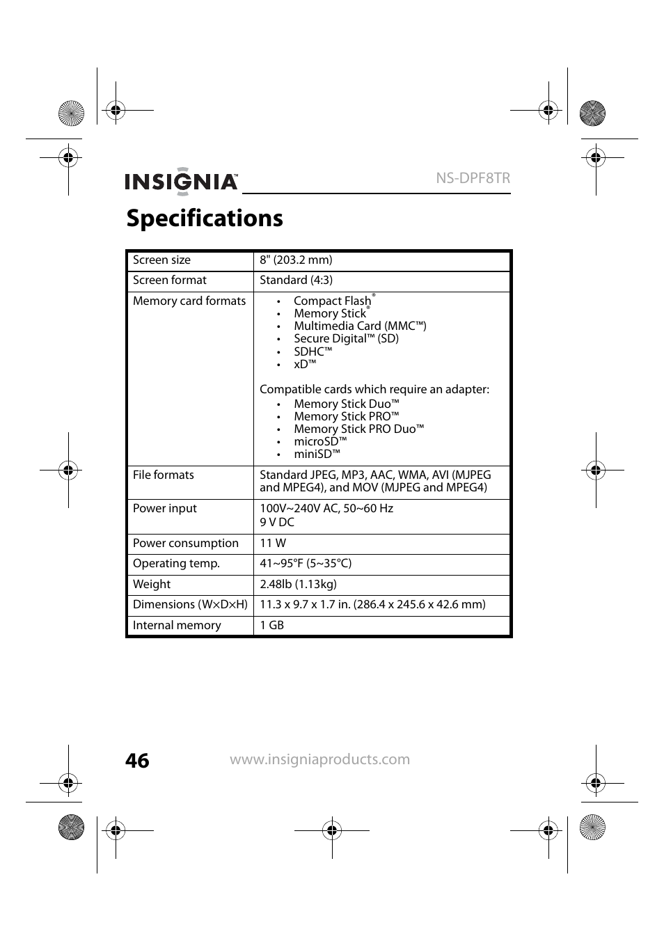 Specifications | Insignia NS-DPF8TR User Manual | Page 46 / 52