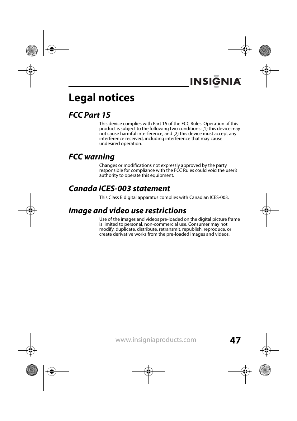 Legal notices, Fcc part 15, Fcc warning | Canada ices-003 statement, Image and video use restrictions | Insignia NS-DPF8TR User Manual | Page 47 / 52