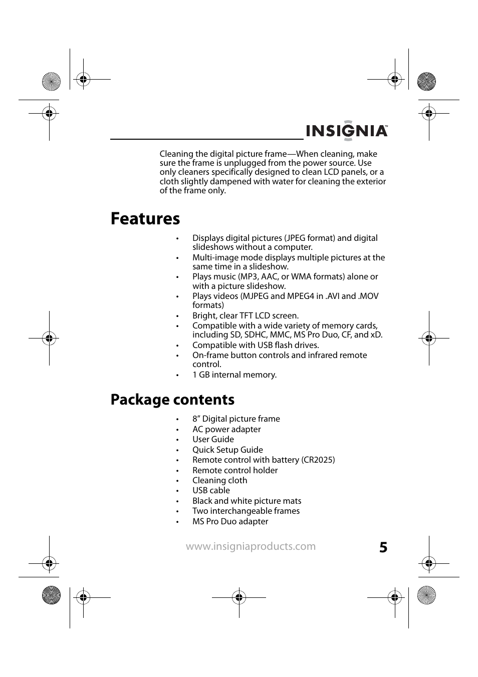 Features, Package contents | Insignia NS-DPF8TR User Manual | Page 5 / 52