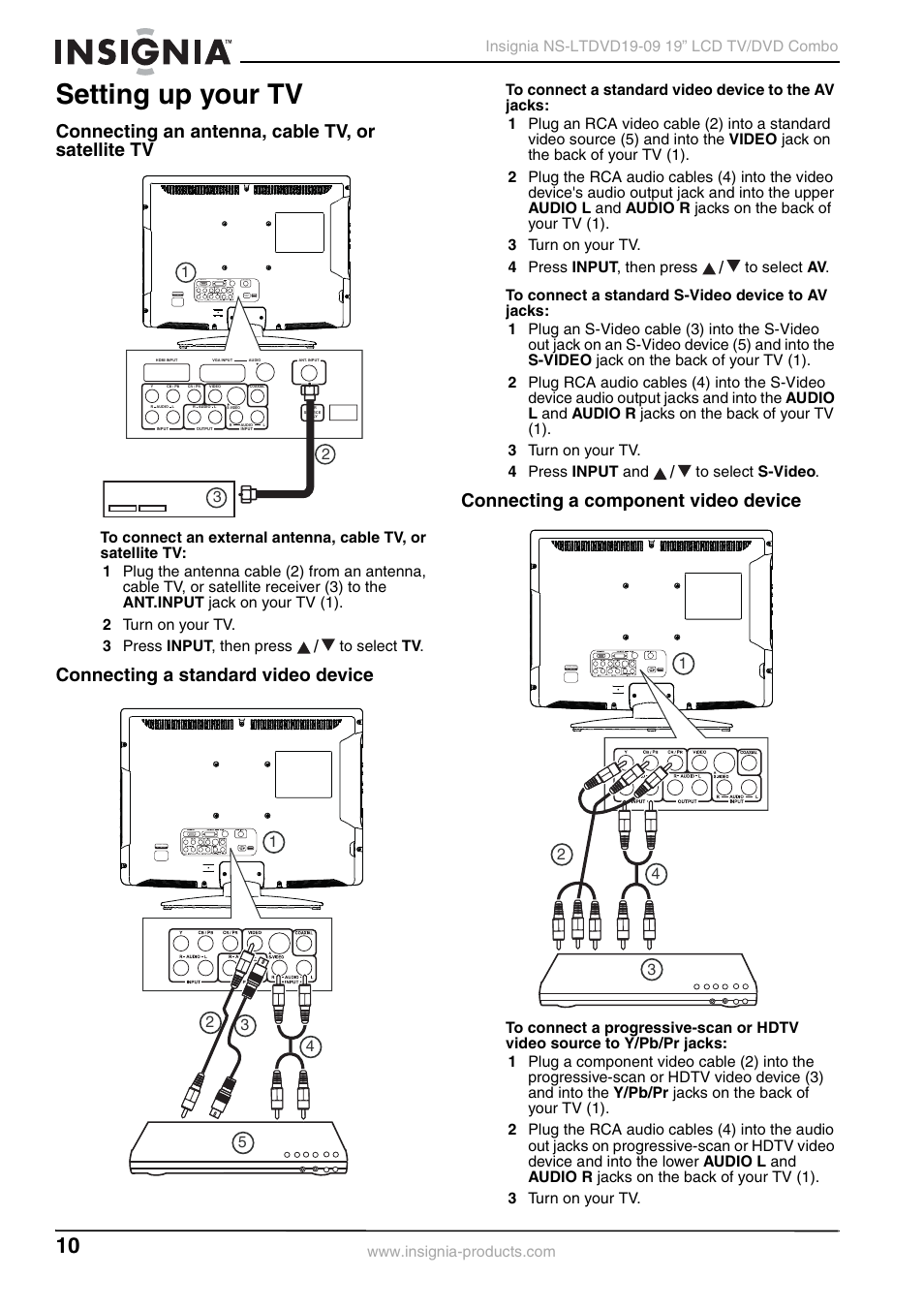 Setting up your tv, Connecting an antenna, cable tv, or satellite tv, Connecting a standard video device | Connecting a component video device | Insignia User Guide User Manual | Page 10 / 76