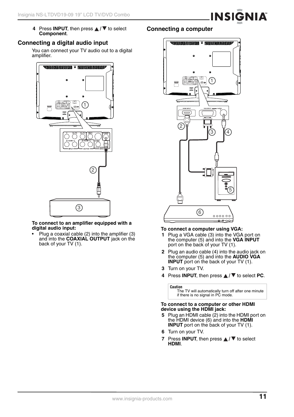 Connecting a digital audio input, Connecting a computer | Insignia User Guide User Manual | Page 11 / 76