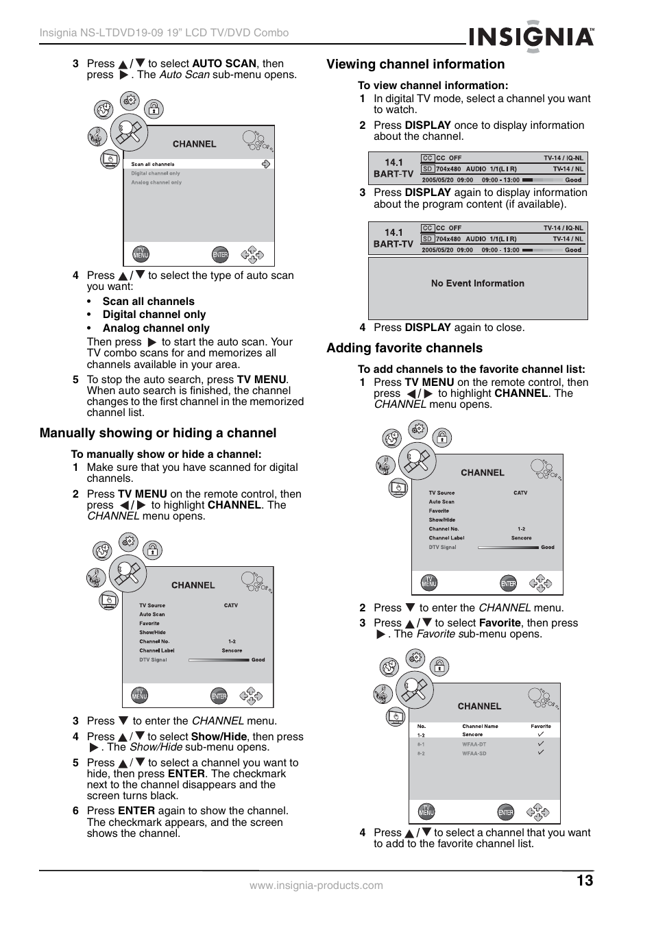 Manually showing or hiding a channel, Viewing channel information, Adding favorite channels | Insignia User Guide User Manual | Page 13 / 76