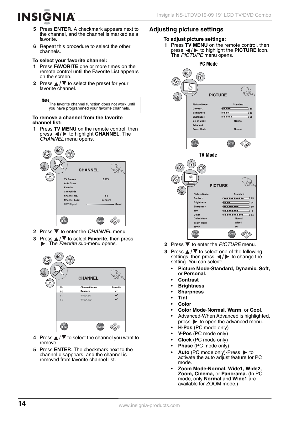 Adjusting picture settings | Insignia User Guide User Manual | Page 14 / 76