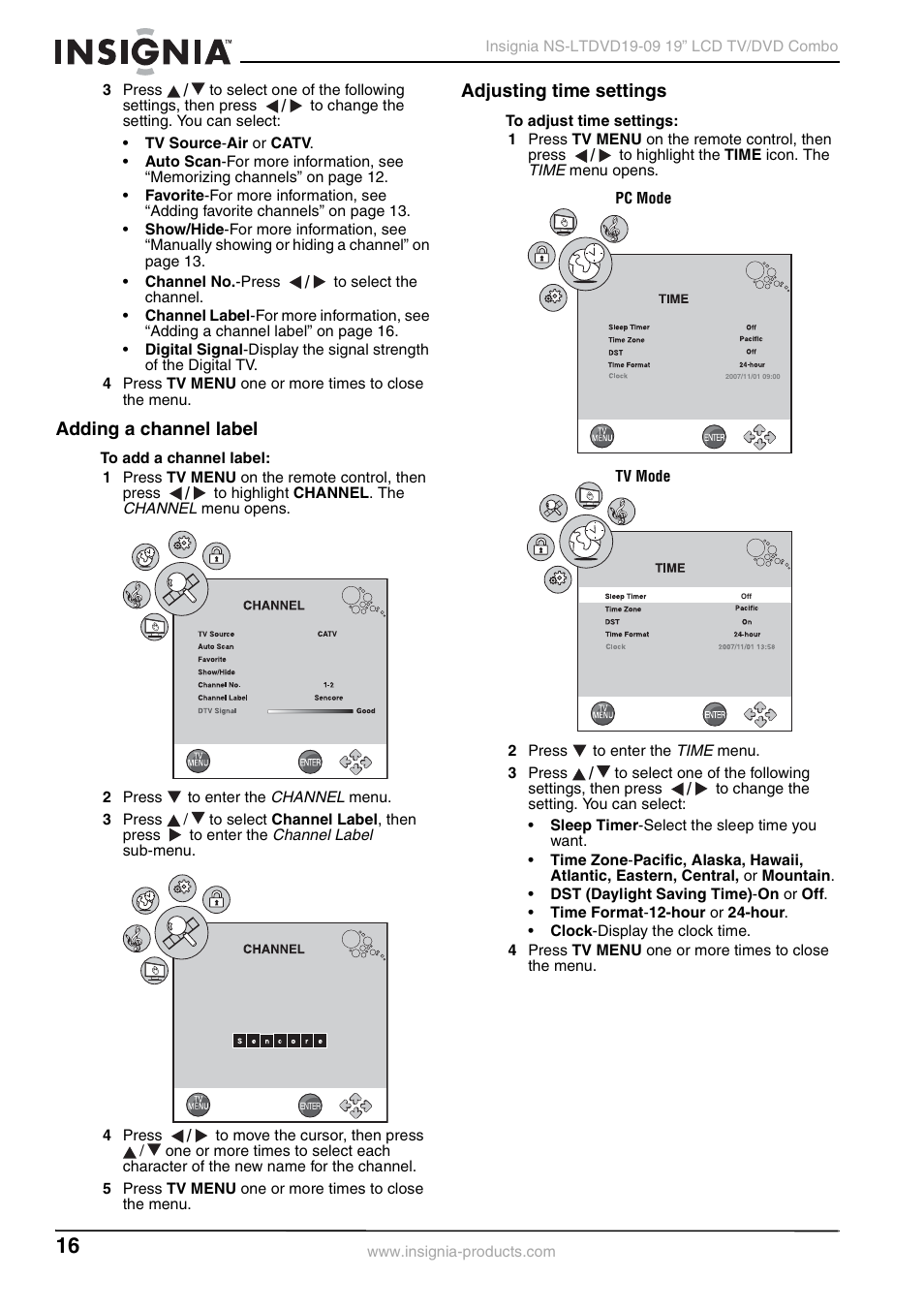 Adding a channel label, Adjusting time settings, Adding a channel label adjusting time settings | Insignia User Guide User Manual | Page 16 / 76