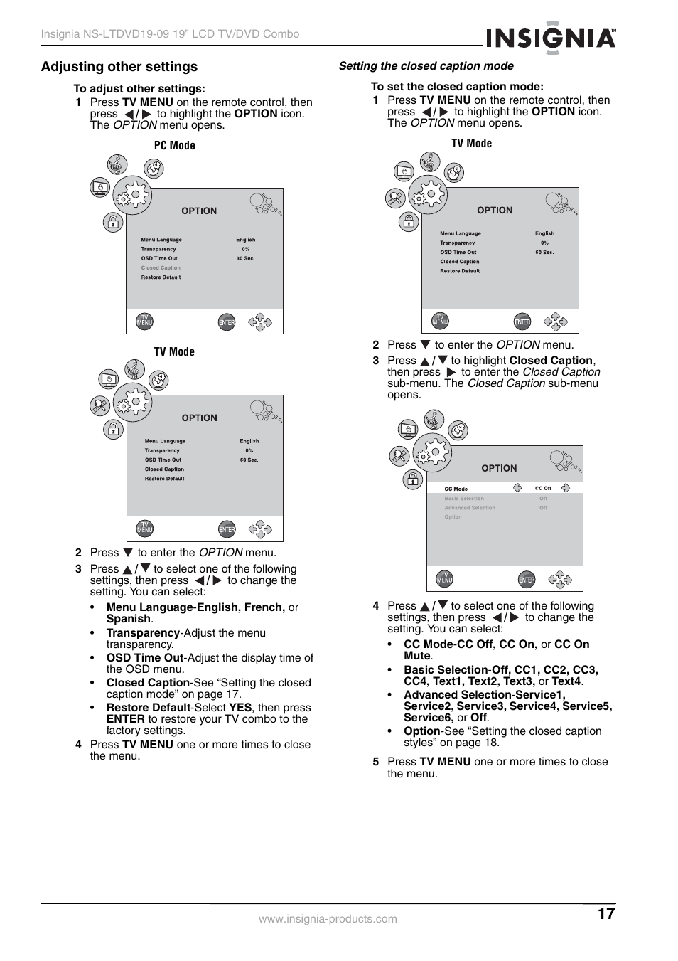 Adjusting other settings, Setting the closed caption mode | Insignia User Guide User Manual | Page 17 / 76