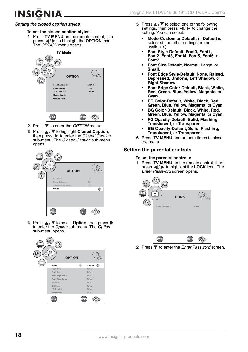 Setting the closed caption styles, Setting the parental controls | Insignia User Guide User Manual | Page 18 / 76