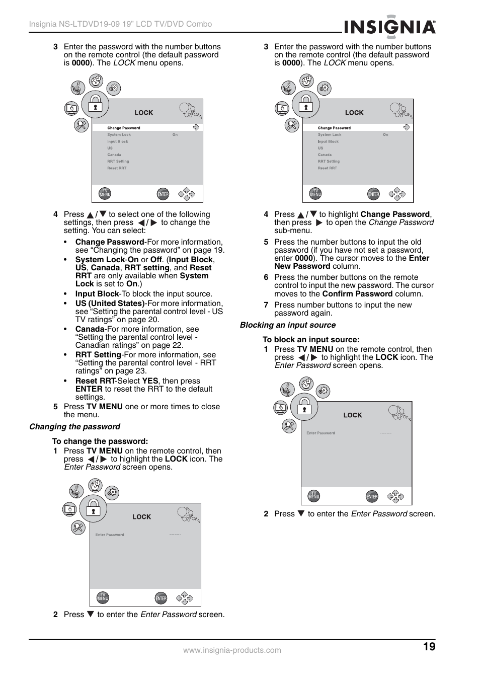 Changing the password, Blocking an input source | Insignia User Guide User Manual | Page 19 / 76