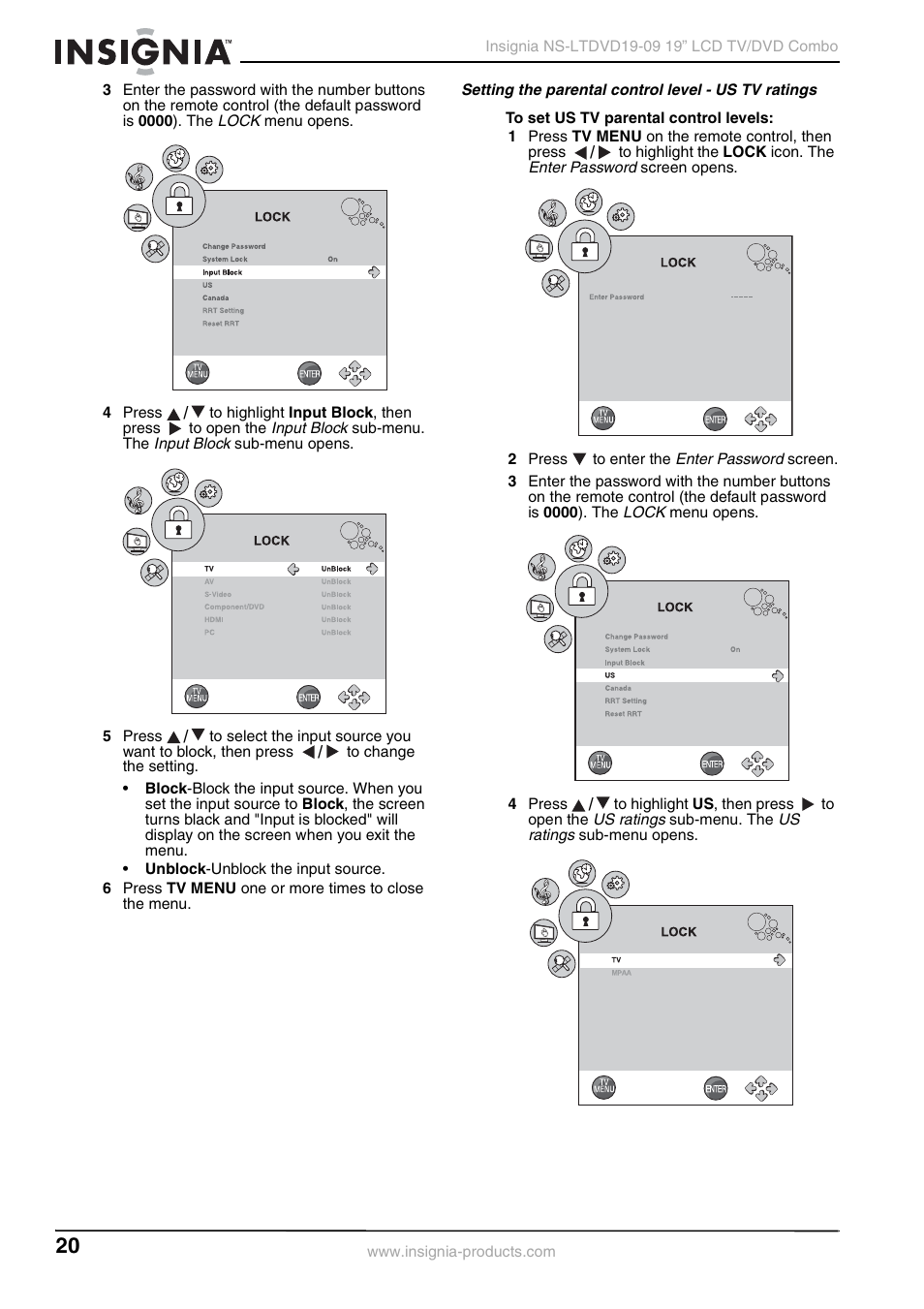 Setting the parental control level - us tv ratings | Insignia User Guide User Manual | Page 20 / 76