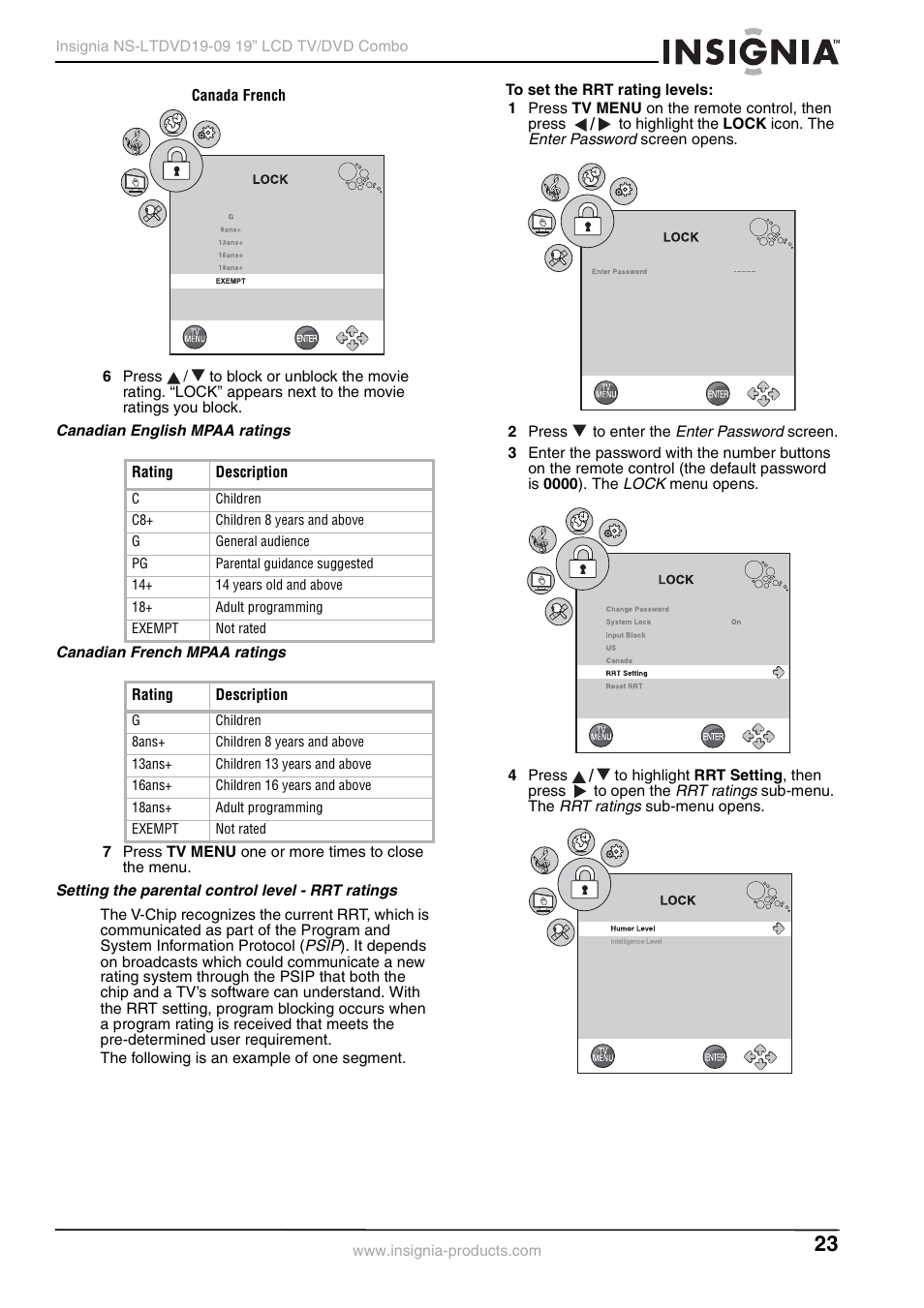 Canadian english mpaa ratings, Canadian french mpaa ratings, Setting the parental control level - rrt ratings | Insignia User Guide User Manual | Page 23 / 76