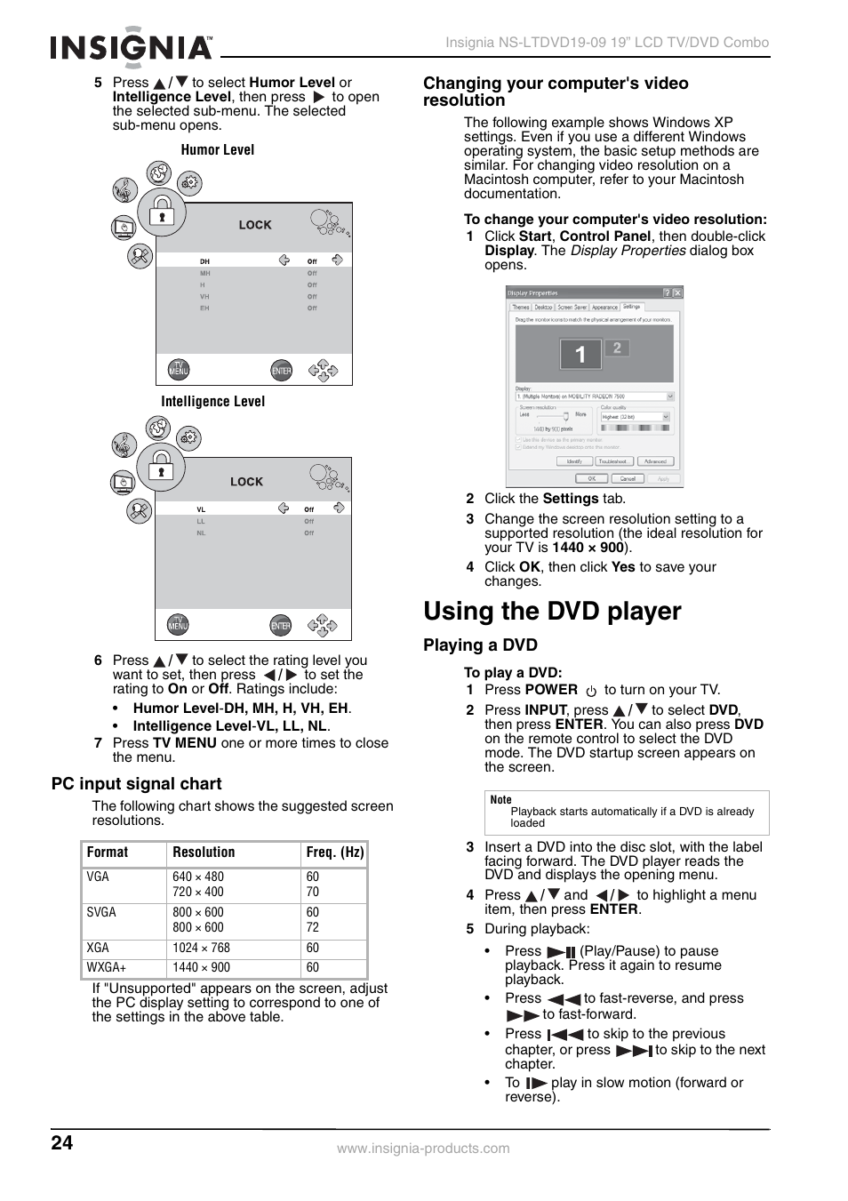 Pc input signal chart, Changing your computer's video resolution, Using the dvd player | Playing a dvd | Insignia User Guide User Manual | Page 24 / 76