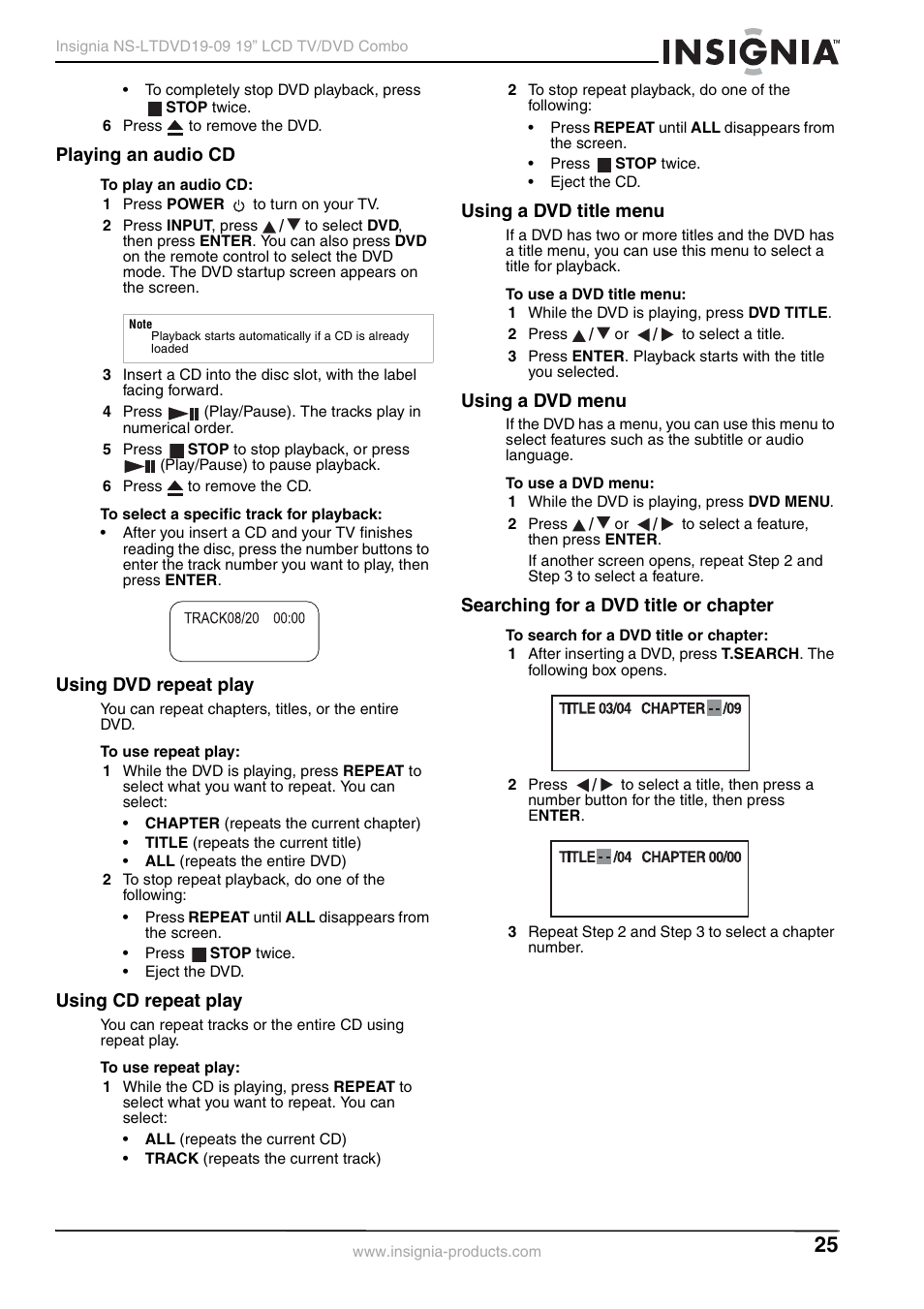 Playing an audio cd, Using dvd repeat play, Using cd repeat play | Using a dvd title menu, Using a dvd menu, Searching for a dvd title or chapter | Insignia User Guide User Manual | Page 25 / 76