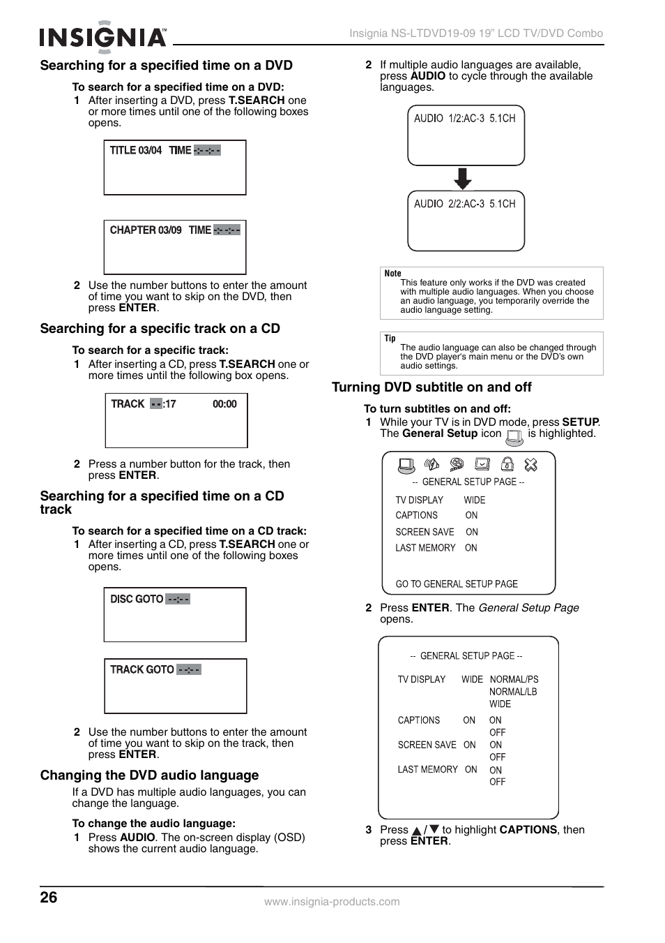 Searching for a specified time on a dvd, Searching for a specific track on a cd, Searching for a specified time on a cd track | Changing the dvd audio language, Turning dvd subtitle on and off | Insignia User Guide User Manual | Page 26 / 76