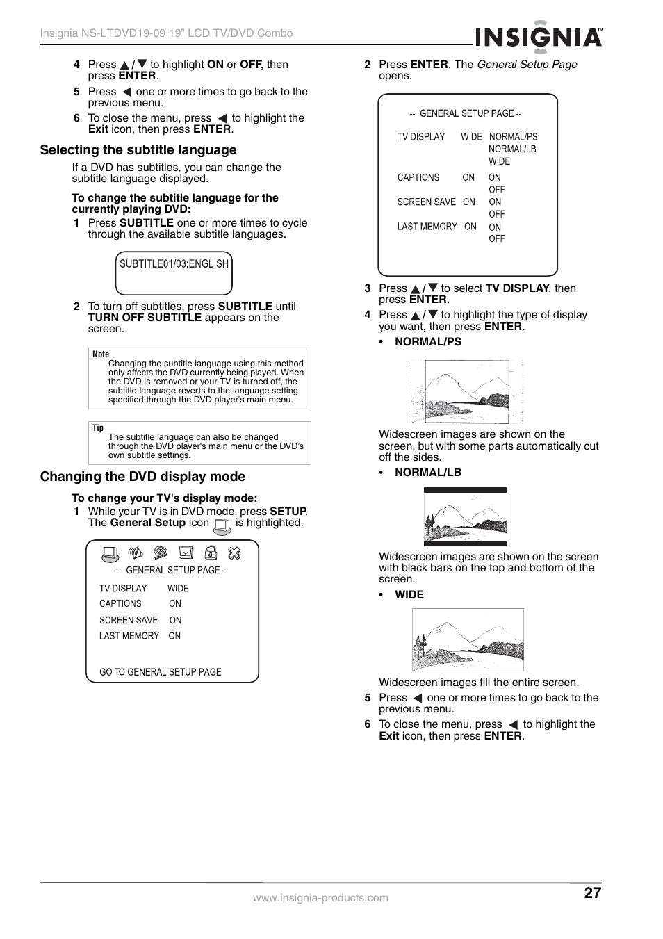 Selecting the subtitle language, Changing the dvd display mode | Insignia User Guide User Manual | Page 27 / 76
