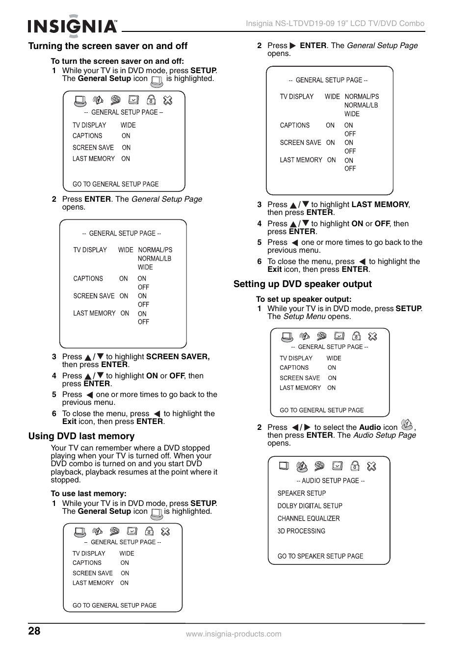 Turning the screen saver on and off, Using dvd last memory, Setting up dvd speaker output | Insignia User Guide User Manual | Page 28 / 76