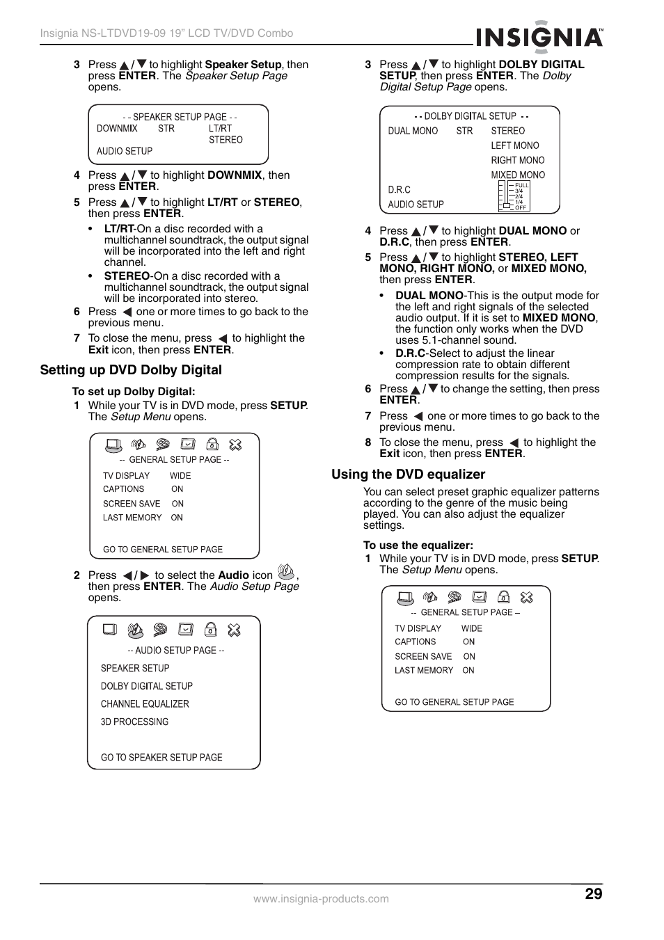 Setting up dvd dolby digital, Using the dvd equalizer | Insignia User Guide User Manual | Page 29 / 76