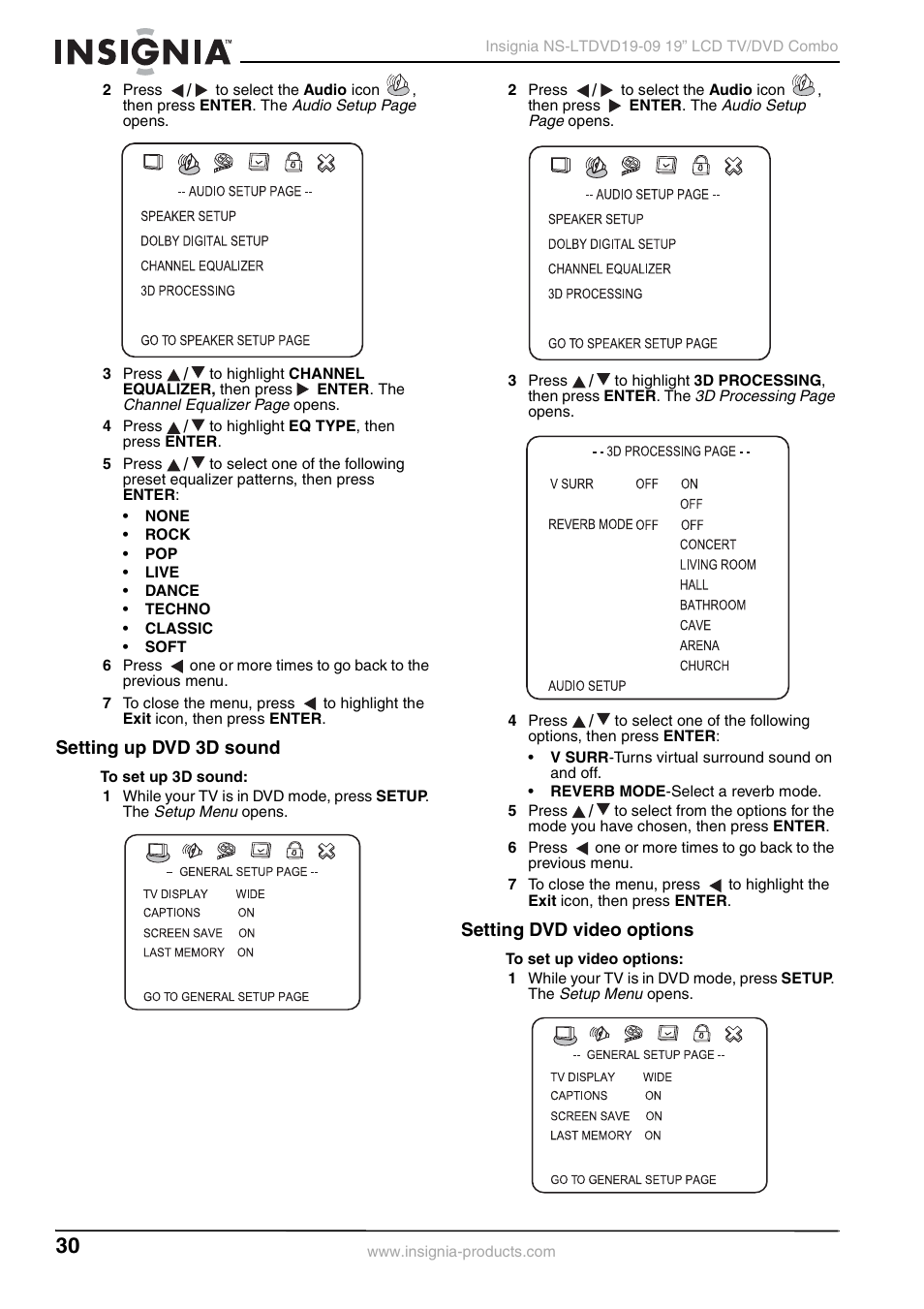 Setting up dvd 3d sound, Setting dvd video options, Setting up dvd 3d sound setting dvd video options | Insignia User Guide User Manual | Page 30 / 76