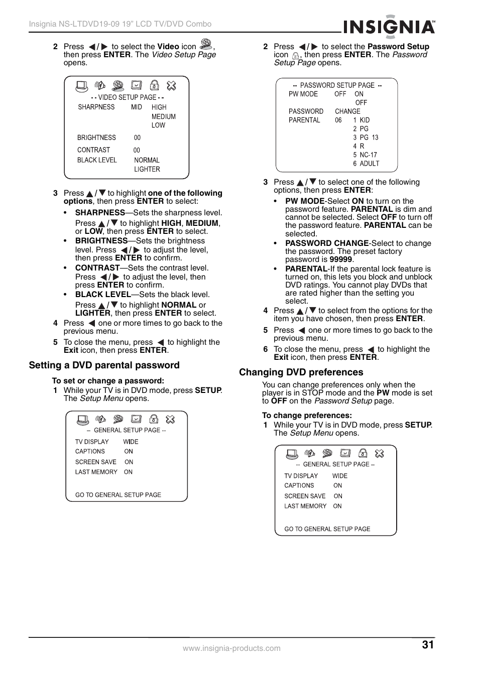 Setting a dvd parental password, Changing dvd preferences | Insignia User Guide User Manual | Page 31 / 76
