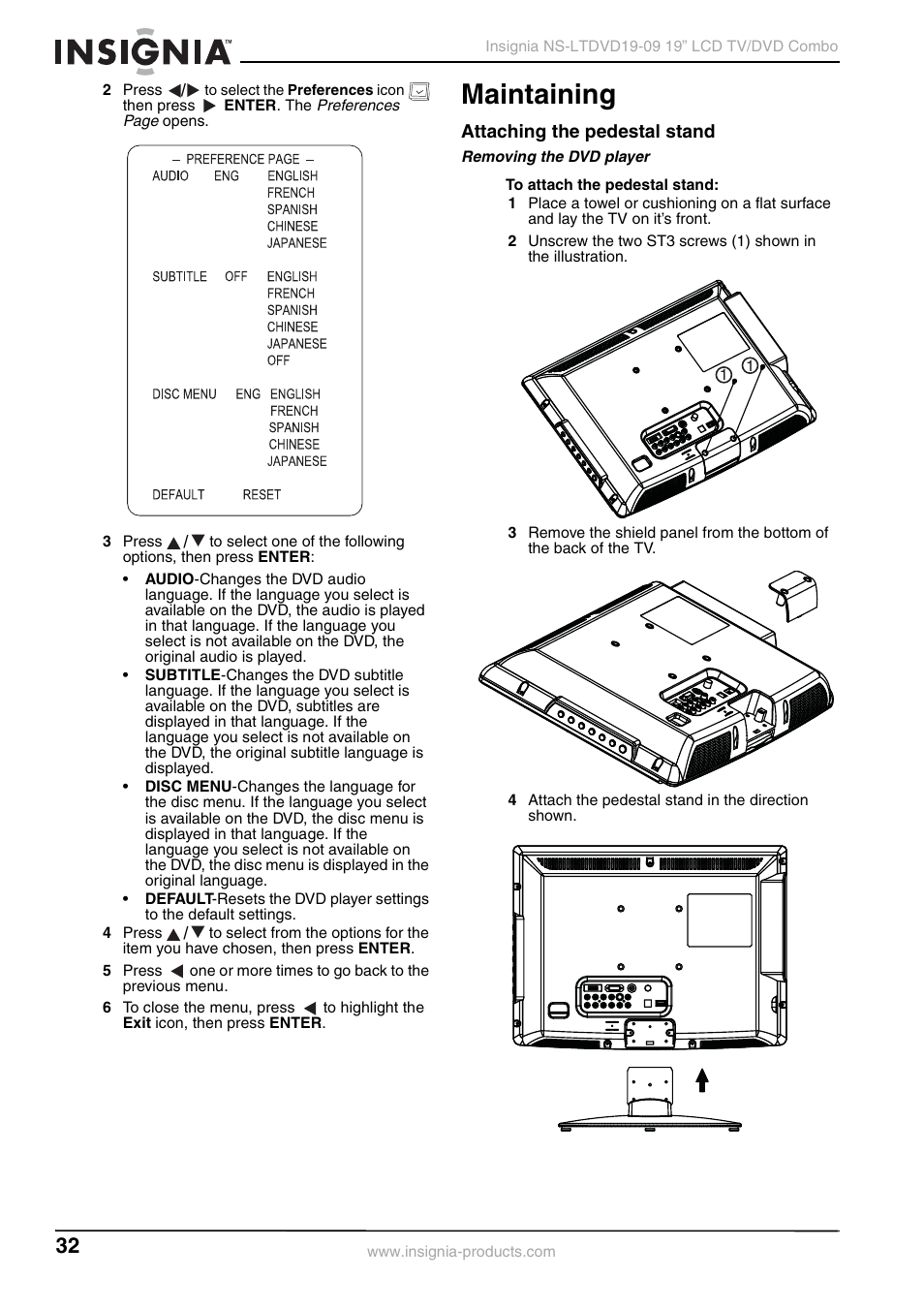 Maintaining, Attaching the pedestal stand, Removing the dvd player | Insignia User Guide User Manual | Page 32 / 76