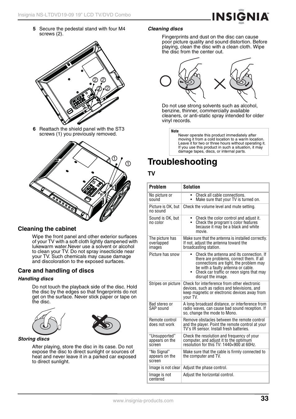 Cleaning the cabinet, Care and handling of discs, Handling discs | Storing discs, Cleaning discs, Troubleshooting | Insignia User Guide User Manual | Page 33 / 76