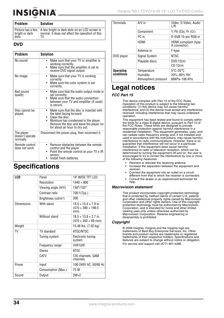 Specifications, Legal notices, Fcc part 15 | Macrovision statement, Copyright, Specifications legal notices | Insignia User Guide User Manual | Page 34 / 76