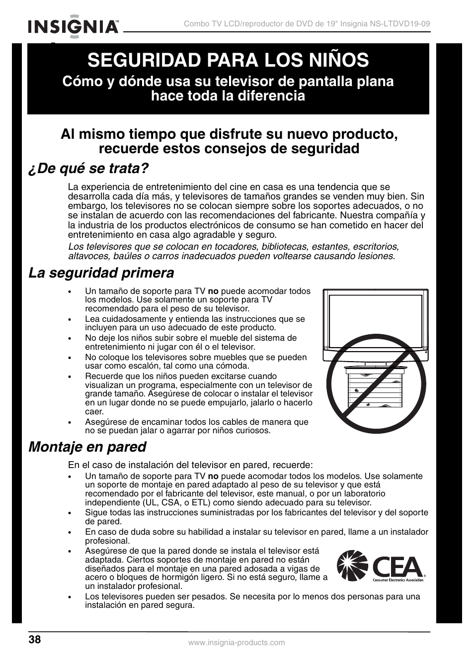 Seguridad para los niños, De qué se trata, La seguridad primera | Montaje en pared | Insignia User Guide User Manual | Page 38 / 76