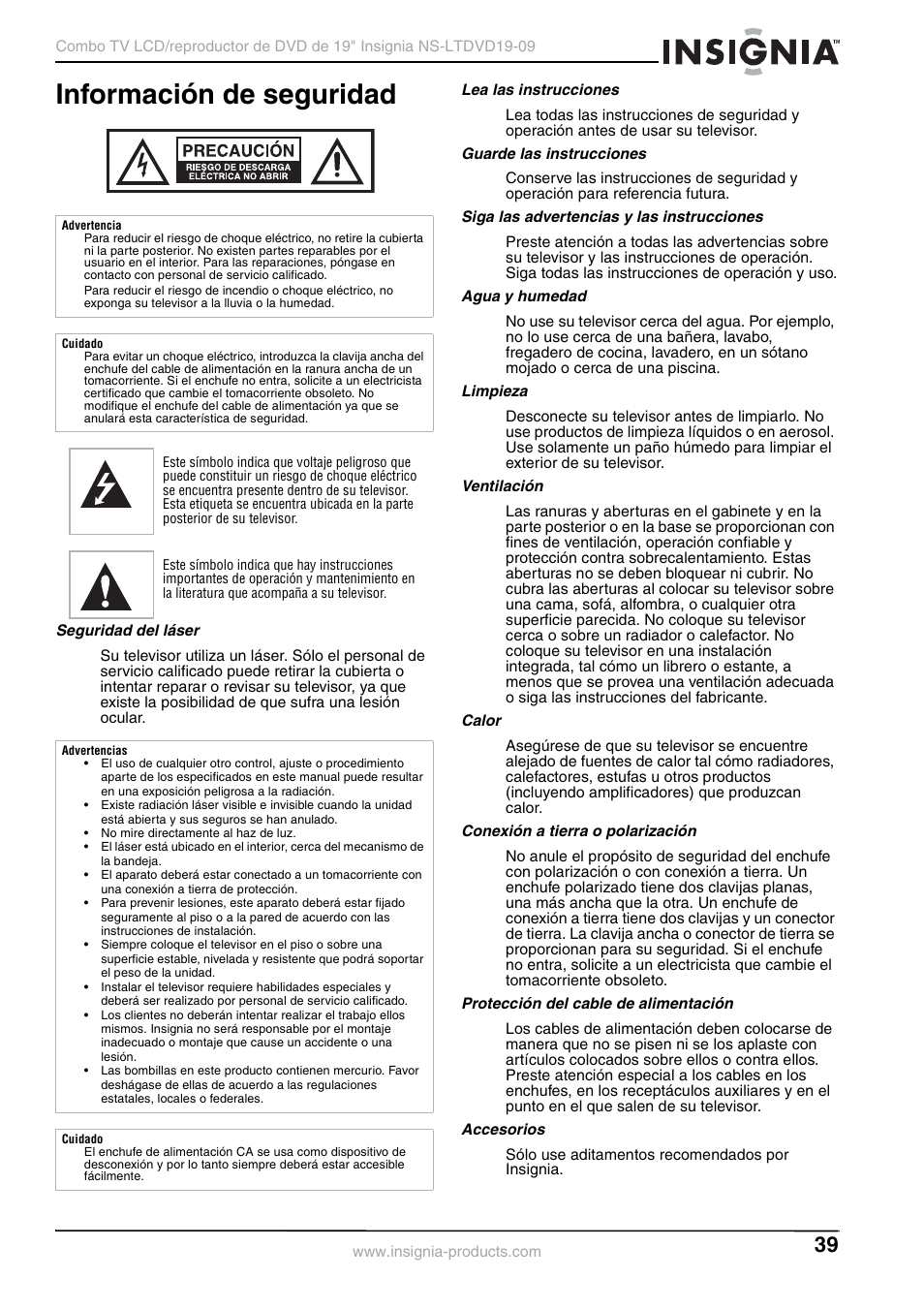 Información de seguridad, Seguridad del láser, Lea las instrucciones | Guarde las instrucciones, Siga las advertencias y las instrucciones, Agua y humedad, Limpieza, Ventilación, Calor, Conexión a tierra o polarización | Insignia User Guide User Manual | Page 39 / 76