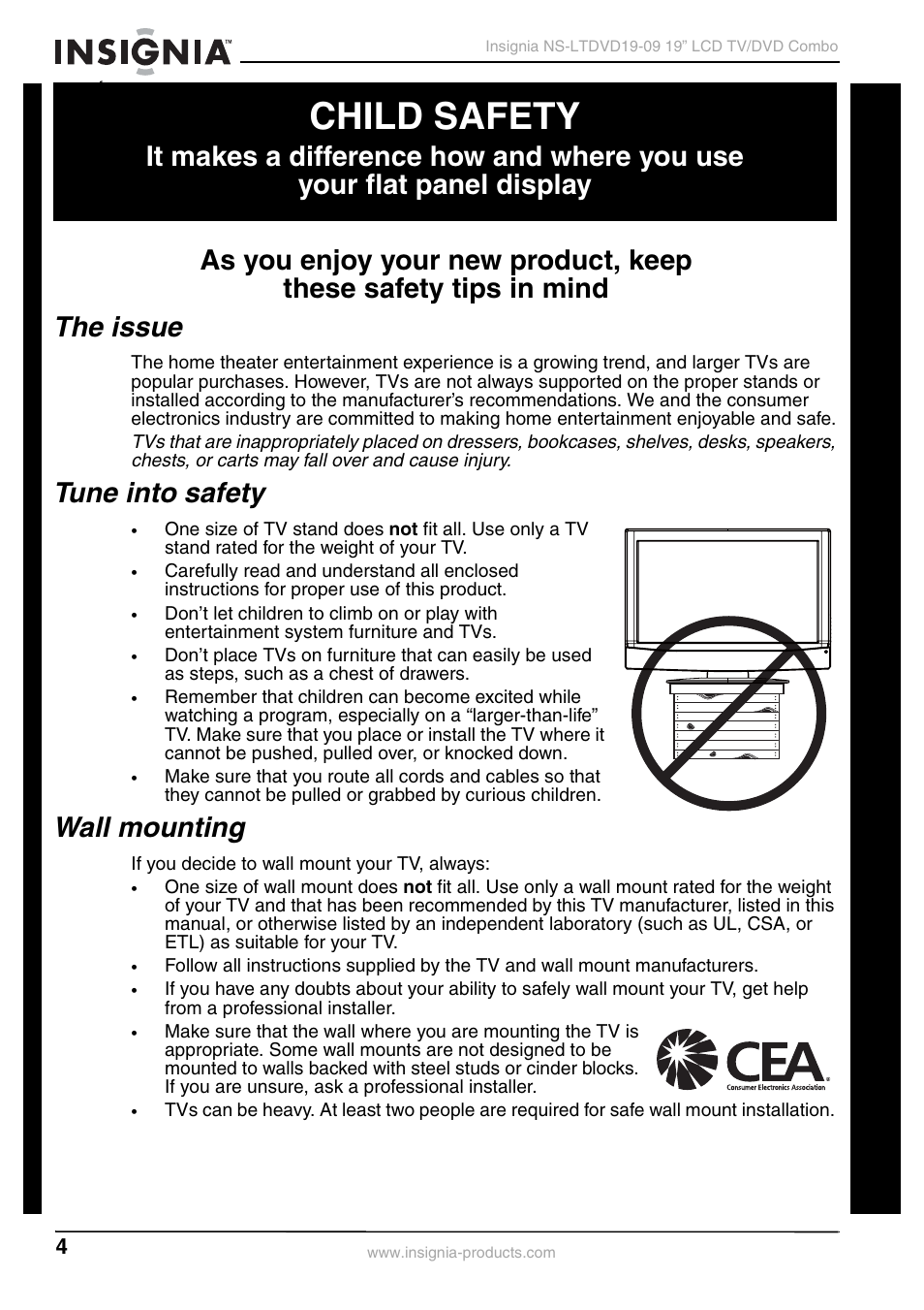 Child safety, The issue, Tune into safety | Wall mounting | Insignia User Guide User Manual | Page 4 / 76