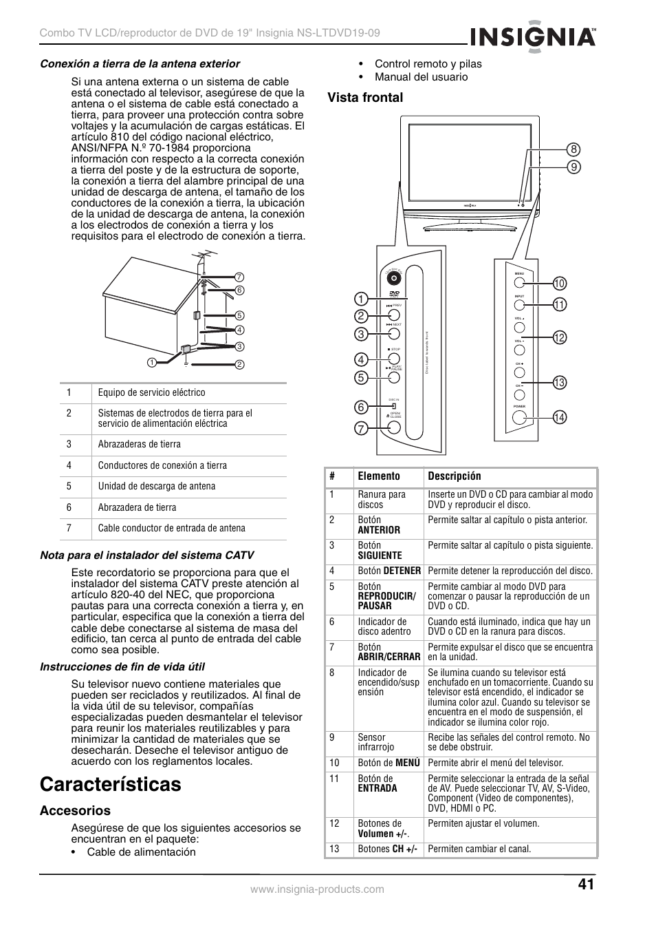 Conexión a tierra de la antena exterior, Nota para el instalador del sistema catv, Instrucciones de fin de vida útil | Características, Accesorios, Vista frontal, Accesorios vista frontal | Insignia User Guide User Manual | Page 41 / 76