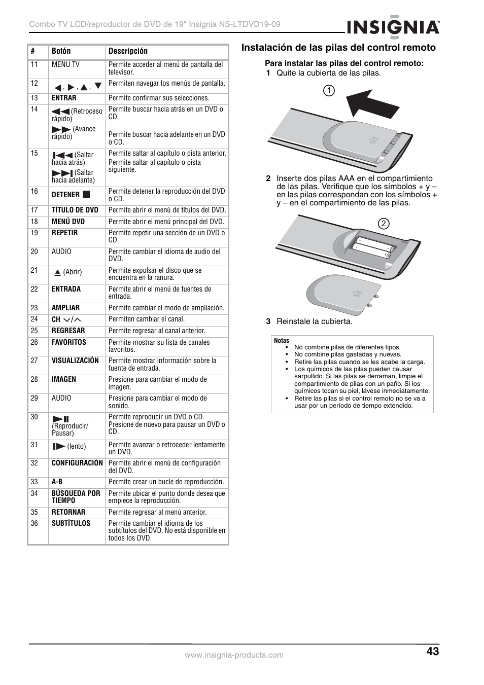 Instalación de las pilas del control remoto | Insignia User Guide User Manual | Page 43 / 76