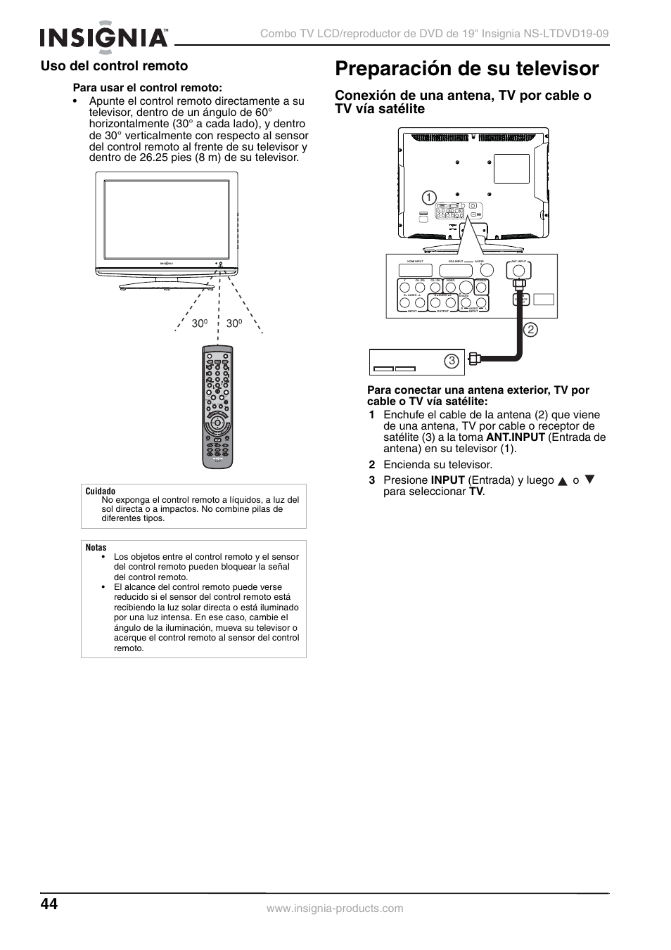 Uso del control remoto, Preparación de su televisor | Insignia User Guide User Manual | Page 44 / 76