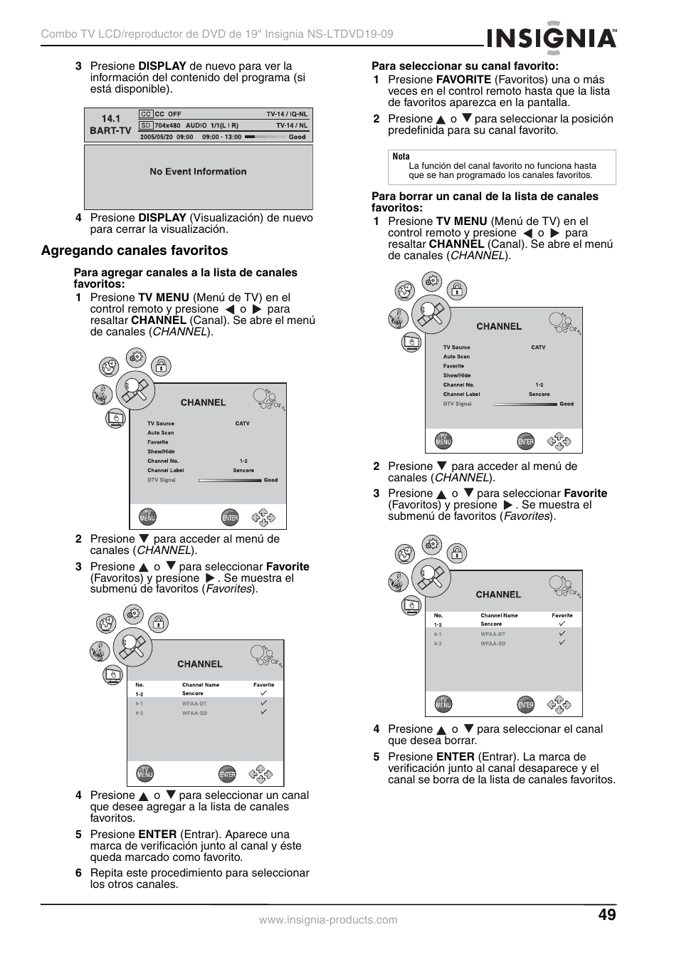 Agregando canales favoritos | Insignia User Guide User Manual | Page 49 / 76