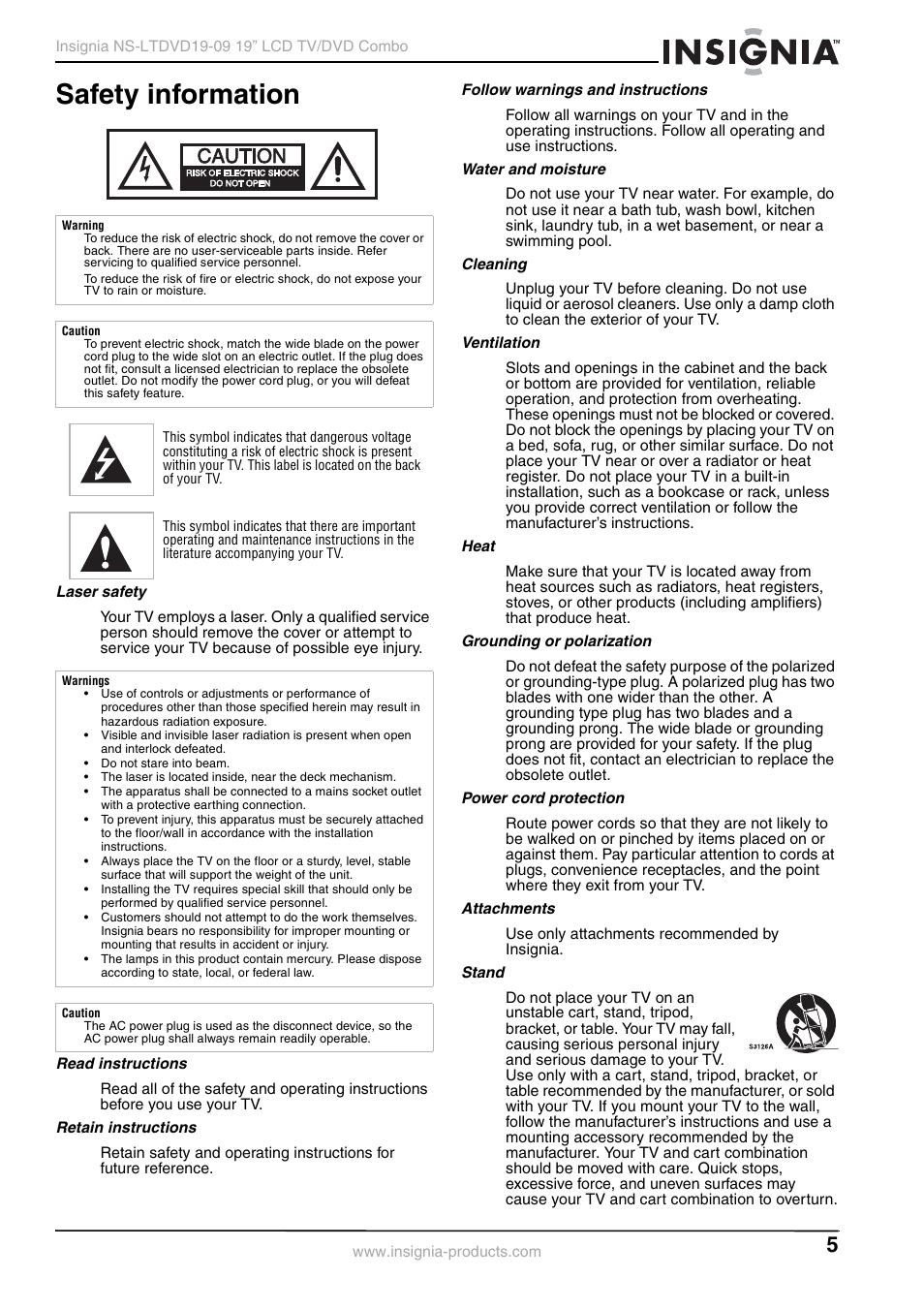 Safety information, Laser safety, Read instructions | Retain instructions, Follow warnings and instructions, Water and moisture, Cleaning, Ventilation, Heat, Grounding or polarization | Insignia User Guide User Manual | Page 5 / 76