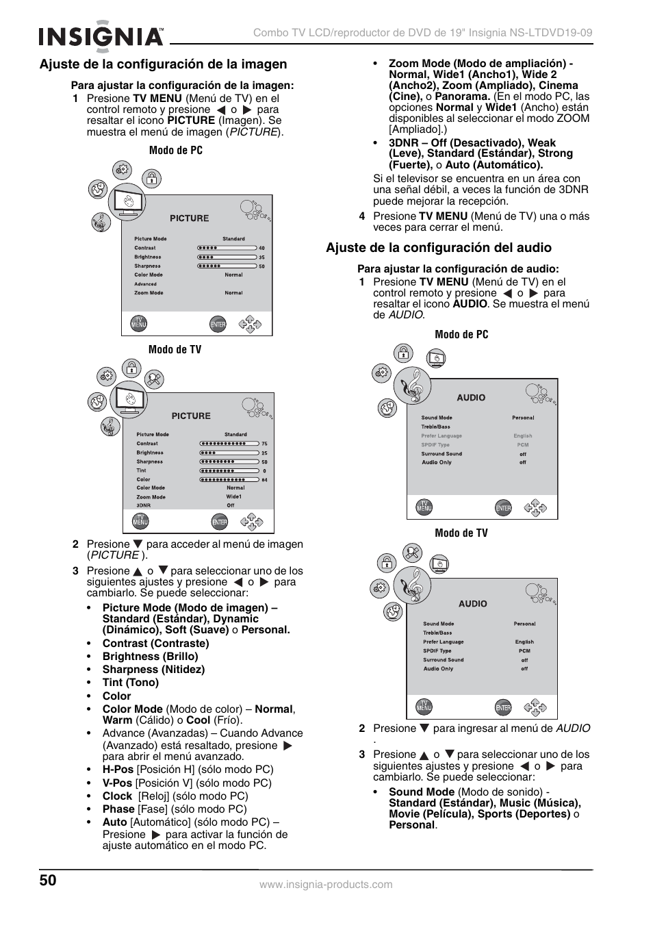 Ajuste de la configuración de la imagen, Ajuste de la configuración del audio | Insignia User Guide User Manual | Page 50 / 76